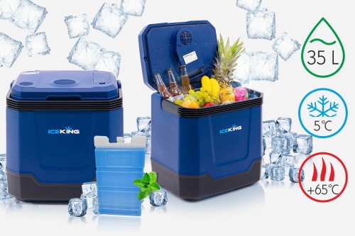 LODÓWKA TURYSTYCZNA IK-17-35L 35 L Z FUNKCJĄ GRZANIA DO +65° 12V USB 5V GŁOŚNIK BLUETOOTH NIEBIESKA + GRATIS