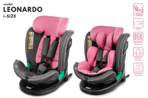 FOTELIK SAMOCHODOWY OBROTOWY LEONARDO 360° RÓŻOWO-SZARY 40-150 CM i-Size R129 + ISOFIX