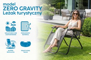 SKŁADANY LEŻAK Z PODNÓŻKIEM ZAGŁÓWKIEM I STOLIKIEM NA NAPOJE CIEMNOSZARY