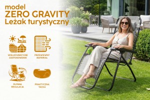 SKŁADANY LEŻAK Z PODNÓŻKIEM ZAGŁÓWKIEM I STOLIKIEM NA NAPOJE SZARY