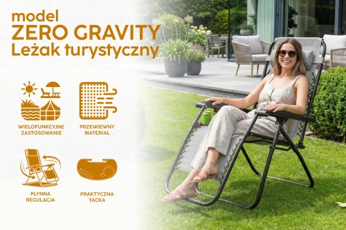 SKŁADANY LEŻAK Z PODNÓŻKIEM, ZAGŁÓWKIEM I STOLIKIEM NA NAPOJE SZARY