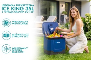 LODÓWKA TURYSTYCZNA IK-17-35L 35 L Z FUNKCJĄ GRZANIA DO +65° 12V USB 5V GŁOŚNIK BLUETOOTH NIEBIESKA + GRATIS